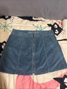 American Eagle Outfitters Slate Blue Corduroy Front-Zip Mini Skirt